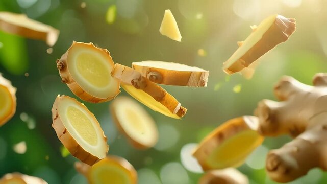 Fresh ginger slices suspended in mid-air against a vibrant green blurred background with sunlight filtering through