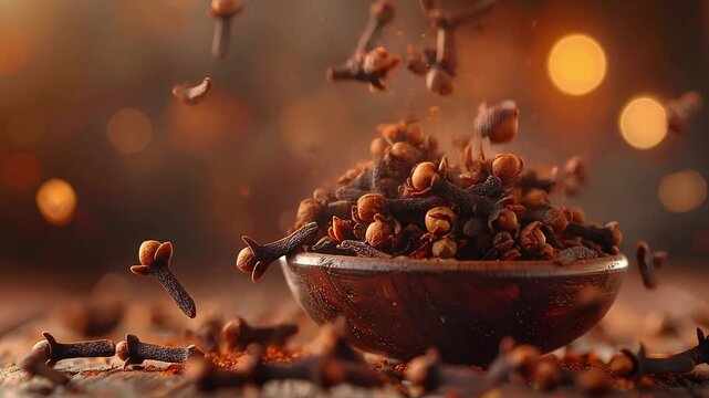 Cloves falling into a bowl on a wooden table, viewed from a slight angle with blurred background lights
