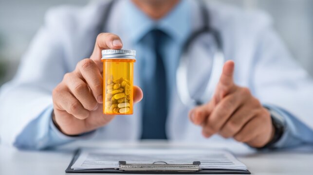 A healthcare professional holds a prescription bottle while pointing, emphasizing the importance of medication adherence.