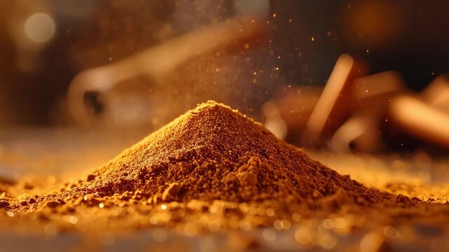 Pile of turmeric powder on a surface with cinnamon sticks in the background