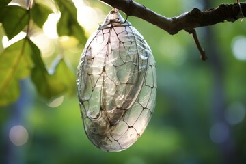 Sunlight illuminates an empty chrysalis, revealing intricate details of its delicate structure, a testament to the butterfly's metamorphosis