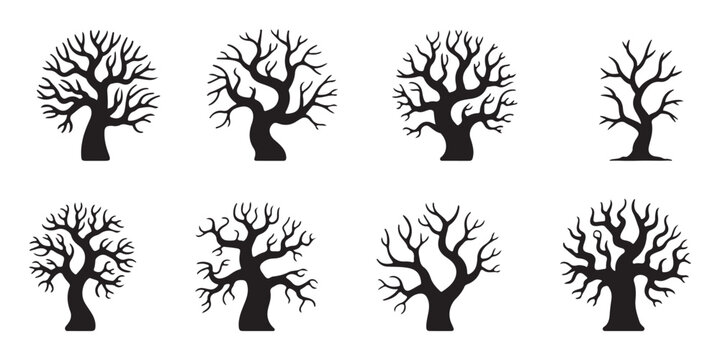 silhouette dead leafless tree. eps scary dead old leafless dry trees realistic vector detailed illustration. silhouette crooked spooky tree set reflecting horror, death, pollution, winter etc concept.