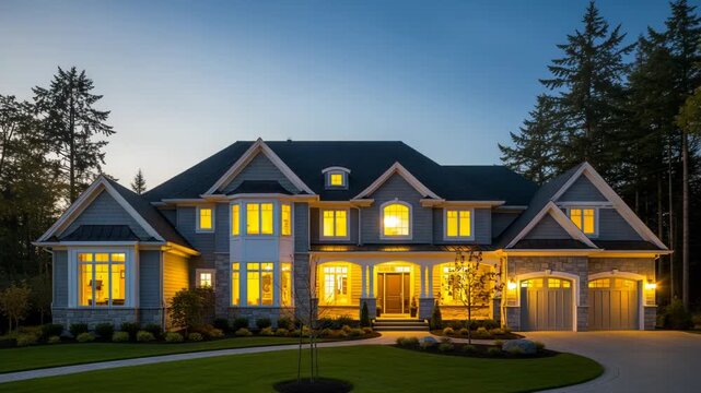 Gray house with lit windows and stone facade at dusk