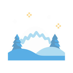 Stylized winter scene with snow mountain and pine trees