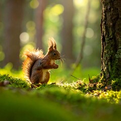 Squirrel stands in sunlit mossy forest floor holding a twig near a tree