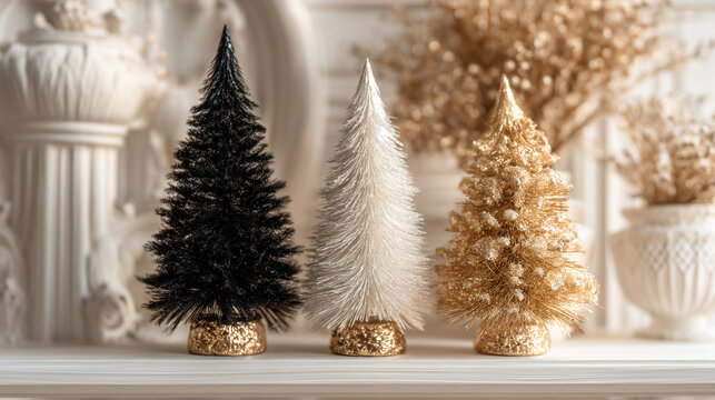 Three elegant bottlebrush Christmas trees in black, white, and gold on a festive mantelpiece.