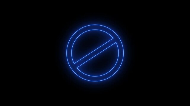 Glowing neon blue color warning line ban icon animation. Wrong sign symbol on black background.