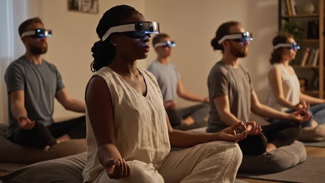 Diverse Group of People Practicing Mindfulness Meditation and Yoga While Wearing Futuristic Biofeedback Headbands in a Calm Wellness Studio Environment.