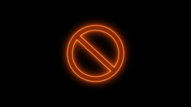 Glowing neon blue color warning line ban icon animation. Wrong sign symbol on black background.