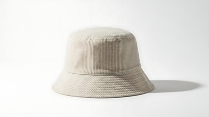 A beige bucket hat displayed on a white surface with soft shadow from a high viewpoint