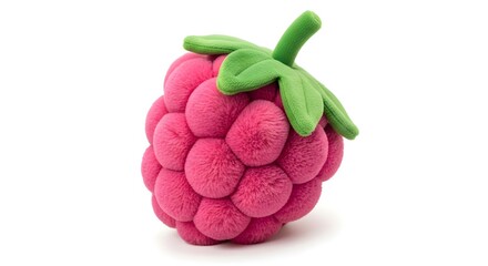 A vibrant pink raspberry with green leaves on a white background