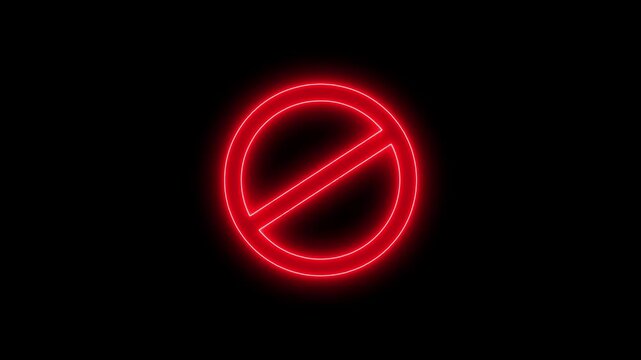Glowing neon blue color warning line ban icon animation. Wrong sign symbol on black background.