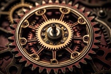 Obraz premium Interlocking metal cogwheels spinning in perfect synchronization, showcasing the complexity of a timekeeping mechanism