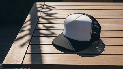 A black and white baseball cap lies on a wooden slatted table with shadows of leaves cast upon it from above