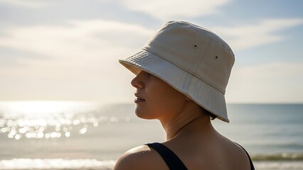 Woman wearing a hat stands on the sandy beach facing the shining ocean at sunrise from behind