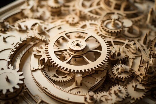 Intricate wooden gears interlock and rotate, showcasing the beauty of mechanics and precision