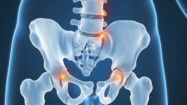 3D medical animation illustrating scoliosis diagnosis through detailed x-ray visualization of the human pelvis and spine anatomy