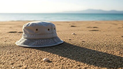 A white bucket hat lies on the sandy beach beside the calm sea on a sunny day from a low angle viewpoint