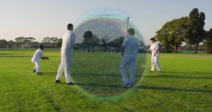 Cricket bowler bowling, fielder diving intercepting ball, sphere overlaying pitch team regrouping