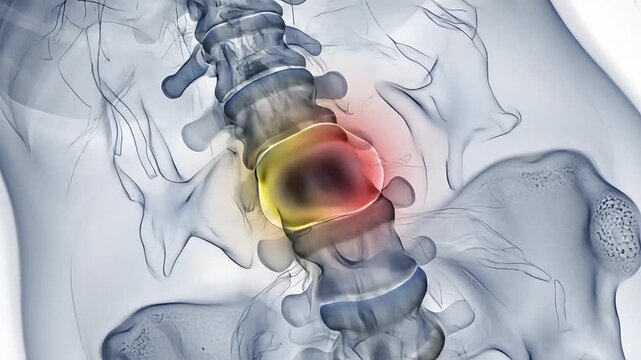 X-ray image of human spine with highlighted herniated disc in lower back region, medical illustration, anatomical view