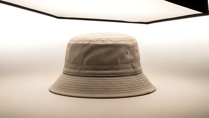 A beige bucket hat centered on a light-colored surface under a studio lighting setup with a white background