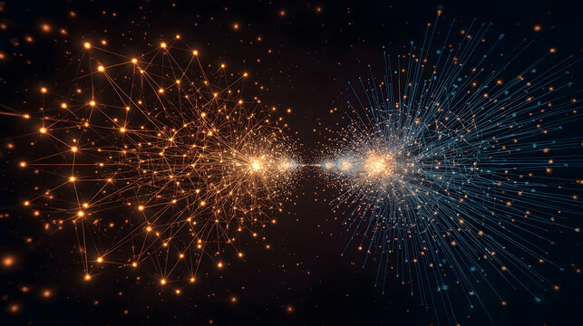 Abstract neural network of glowing gold and blue data particles, Futuristic digital connection mesh with orange and blue light bursts, High-tech visualization of artificial intelligence data transfer