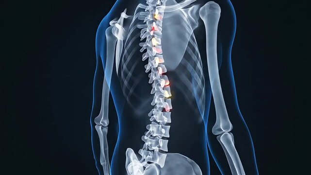 X-ray image showing scoliosis deformity in human spine with vertebrae displacement and anatomical structure visible