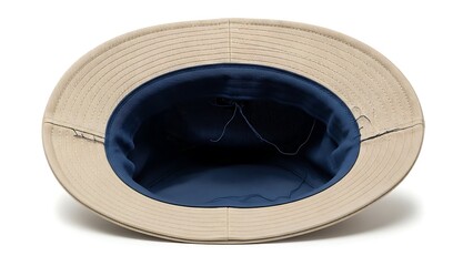Tan wide-brimmed hat with blue satin interior viewed from above on a plain background