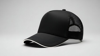 Black baseball cap with mesh back and white trim displayed on a plain white surface from a front angle.