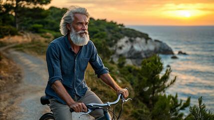 Obraz premium Man with salt-and-pepper beard rides bicycle near coastline at sunset Generative AI