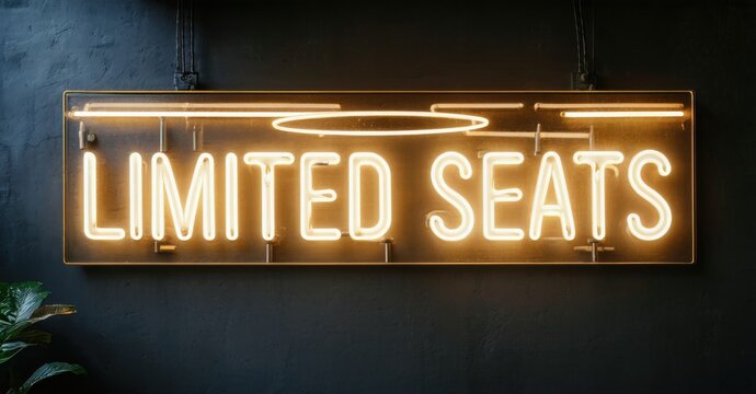 Bright neon sign displays Limited Seats. Dark background emphasizes glowing text. Minimalist design, modern aesthetic. Plant visible bottom left.