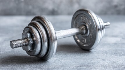 Fototapeta premium A close-up view of a metallic dumbbell rests on a gray stone surface. The dumbbell has several weight plates attached, ready for a workout session dedicated to strength training.