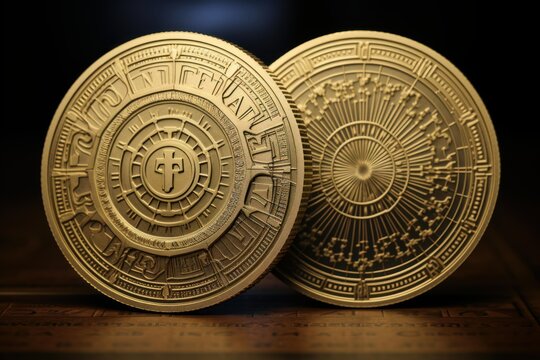 Two shiny gold theta fuel cryptocurrency coins rest on a surface covered with blockchain data