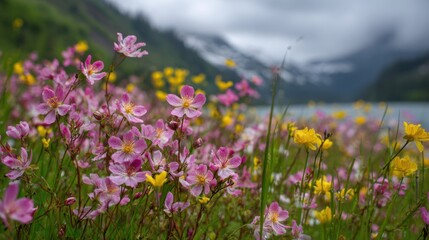 Bright pink and yellow wildflowers fill a vibrant valley, creating a beautiful scene against a cloudy sky. Mountains rise in the background near a serene lake, capturing nature's tranquility.