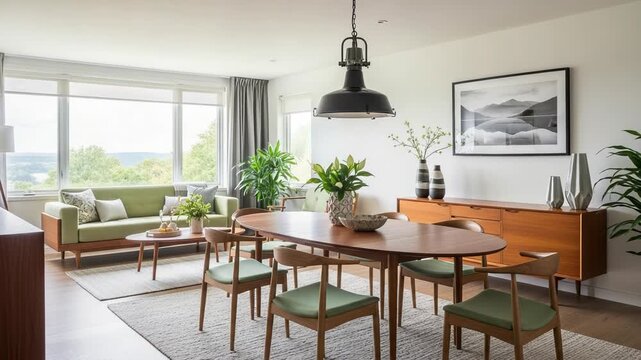A modern dining room with a wooden table and chairs and a large window