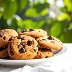 Stack of chocolate chip cookies on a white plate with a blurred green foliage background, sunny