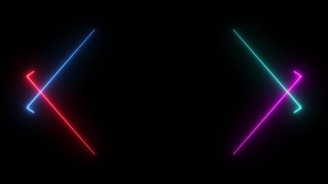 Mirrored neon glowing lines random flying with glowing parts. Abstract background with laser beams