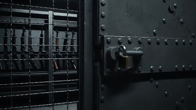 Animated Metal Vault Door Opening to Reveal Racks of Guns Crime Scene Weapon Storage Loopable Animation, Featuring Dark