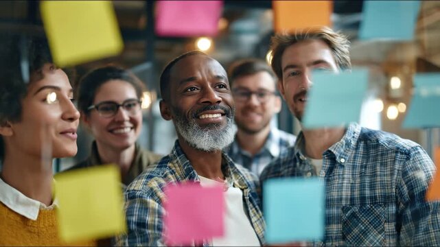 Brainstorming Visionaries: A collaborative gathering of innovative minds, strategizing amidst a vibrant tapestry of ideas on sticky notes. Focused and dynamic.