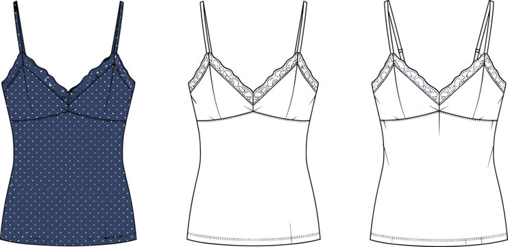 Women's camisole top with spaghetti straps, lace neckline detail, polka dot fabric, and technical fashion sketch front views