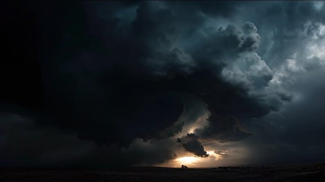 Dramatic Sky: Dark and brooding clouds form a dramatic spectacle, with a sliver of sunlight peeking through the ominous darkness, creating an atmosphere of impending change.
