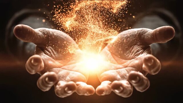 Empowered Hands: Two open hands cradle a radiant ball of fire, symbolizing creation, energy, and transformation. The ethereal glow suggests an aura of power and spirituality.
