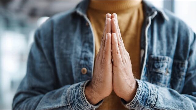 Serene Gesture: A man's hands gently clasped in a gesture of prayer, capturing a moment of quiet reflection and inner peace.