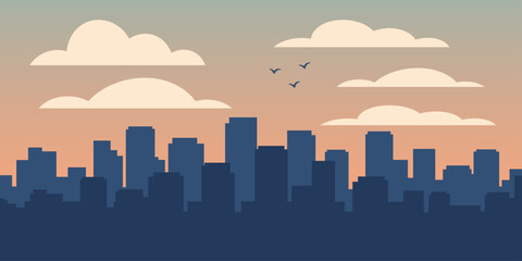 Obraz premium City skyline silhouette illustration. Simple rectangular buildings along the horizon. Wide pastel morning sky with layered clouds. Calm early day scene.