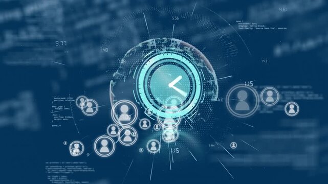 Animation of clock moving over icons, connections and globe on navy background