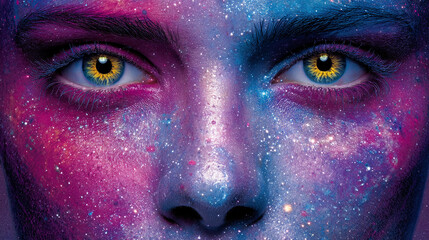 Naklejka premium Portrait of a woman with galaxy texture skin and eyes in a colorful design Generative AI