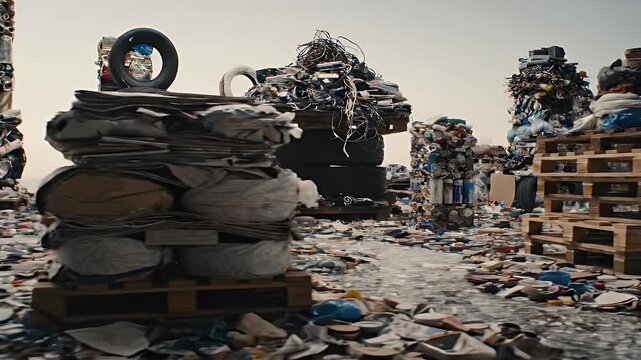 Artistic Assemblage Of Recycled Materials Forming Abstract Sculptures In A Post-Apocalyptic Landscape