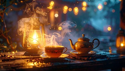 Enchanted roadside chai setup under soft lantern light, floating tea steam forming subtle patterns, moody night ambience