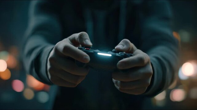 Digital immersion: Close-up of a person gripping the game controller in anticipation of a game, with the soft glow illuminating the environment.