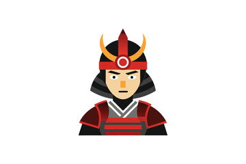 Flat design samurai icon showing warrior in red ceremonial armor with geometric facial features